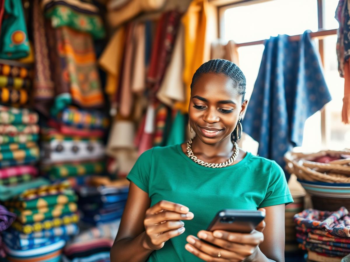 Commerçante comorienne gérant son activité depuis son smartphone